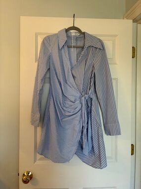 Beginning Boutique Blue and White Striped Midi Wrap Dress